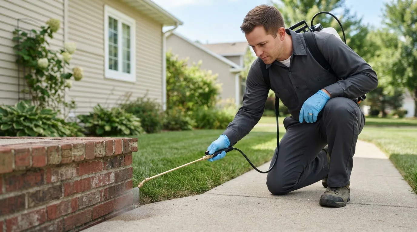 Pest control technician treating a home near Coalinga, CA