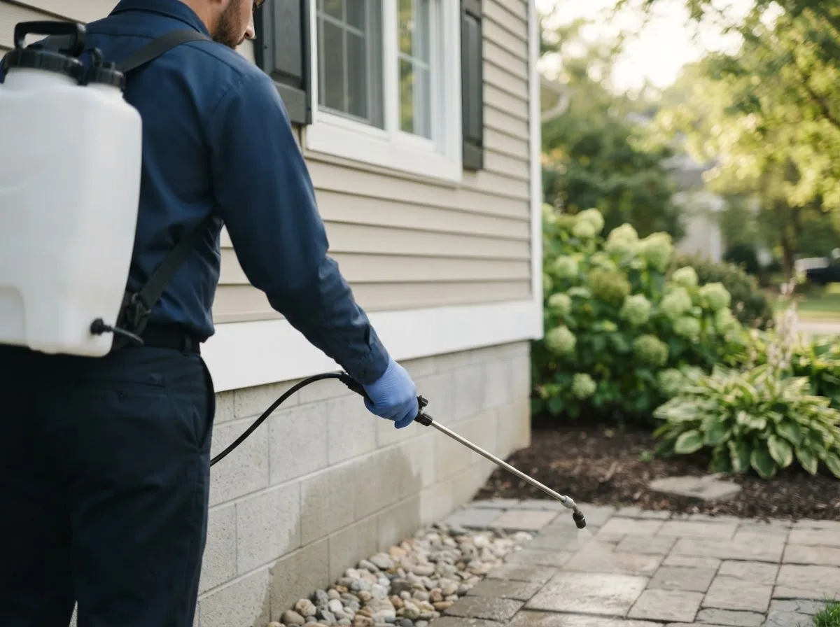 Pest control technician inspecting a home in Coalinga, CA